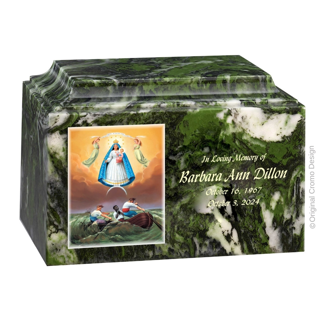 Catholic cremation urn with Our Lady of Charity  Wood finish by Cromo NB