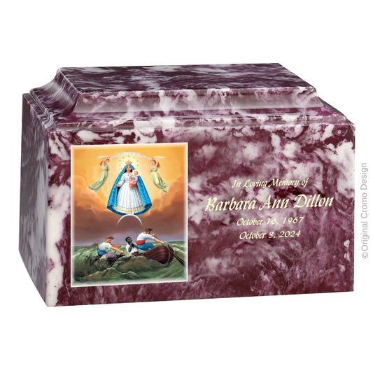 Catholic cremation urn with Our Lady of Charity  Wood finish by Cromo NB