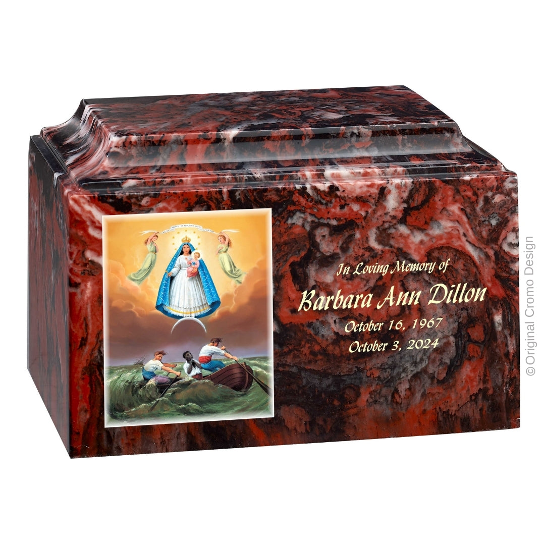 Catholic cremation urn with Our Lady of Charity  Wood finish by Cromo NB