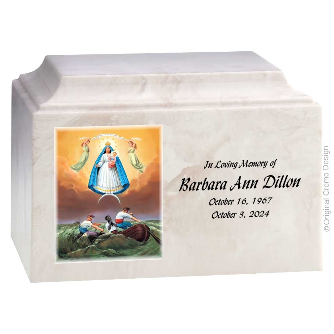 Catholic cremation urn with Our Lady of Charity  Wood finish by Cromo NB