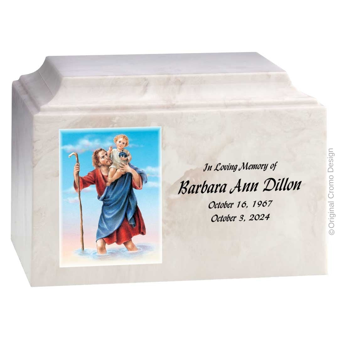 Catholic cremation urn with Saint Christopher  Wood finish by Cromo NB