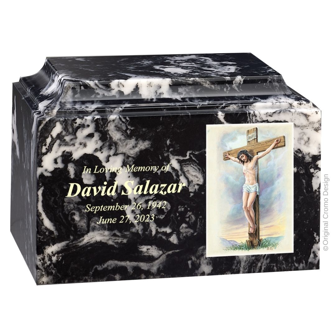 Catholic cremation urn with Crucifixion  Wood finish by Cromo NB