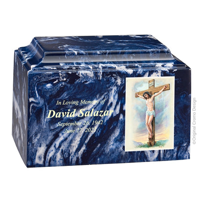 Catholic cremation urn with Crucifixion  Wood finish by Cromo NB