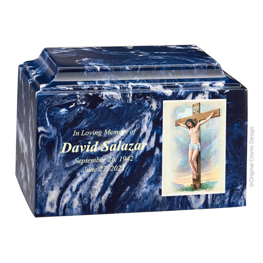 Catholic cremation urn with Crucifixion  Wood finish by Cromo NB