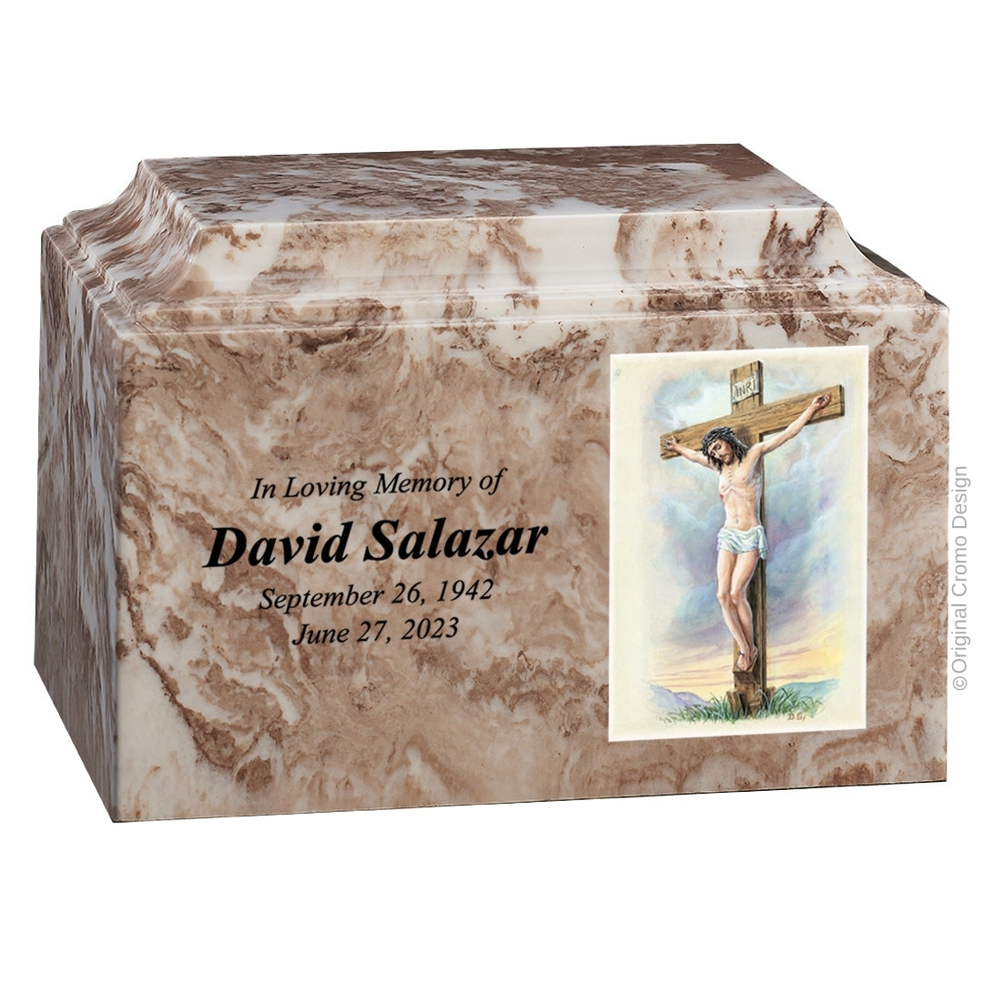 Catholic cremation urn with Crucifixion  Wood finish by Cromo NB