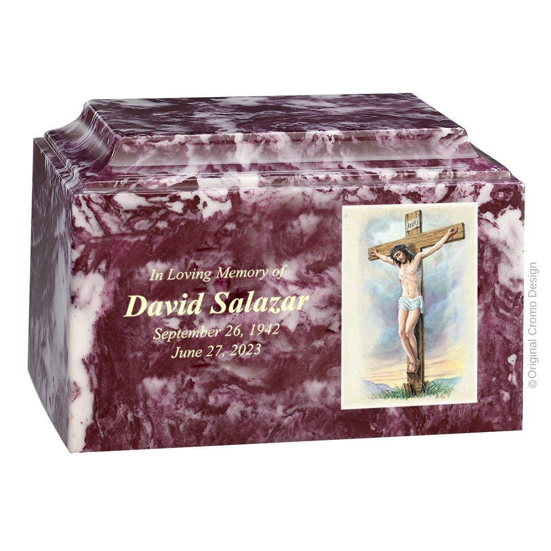 Catholic cremation urn with Crucifixion  Wood finish by Cromo NB