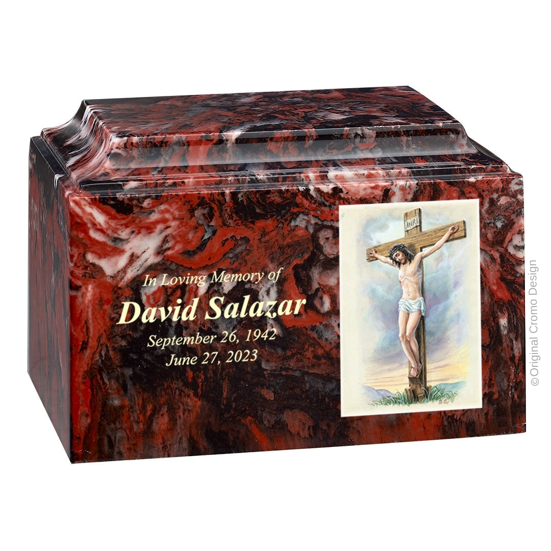 Catholic cremation urn with Crucifixion  Wood finish by Cromo NB