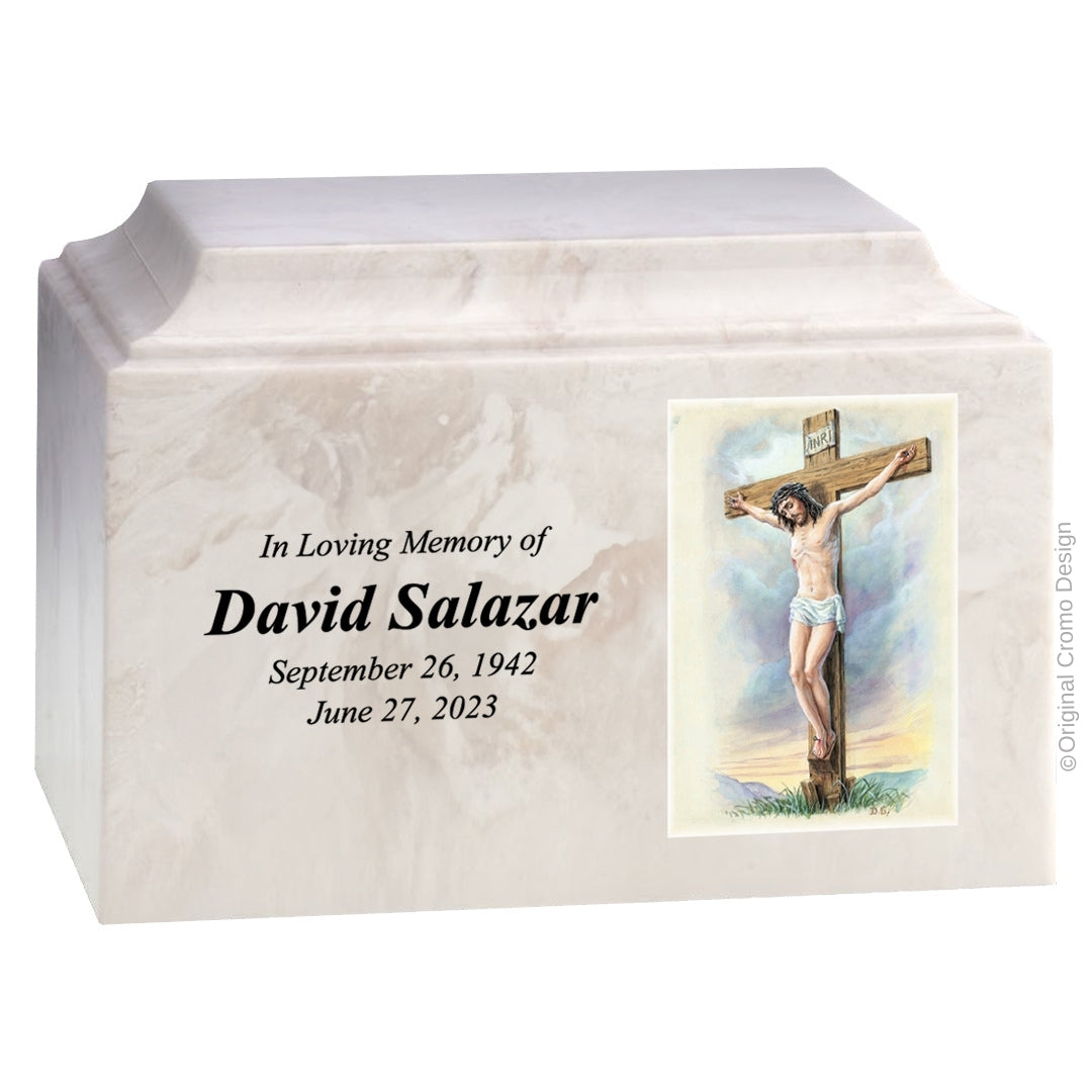 Catholic cremation urn with Crucifixion  Wood finish by Cromo NB