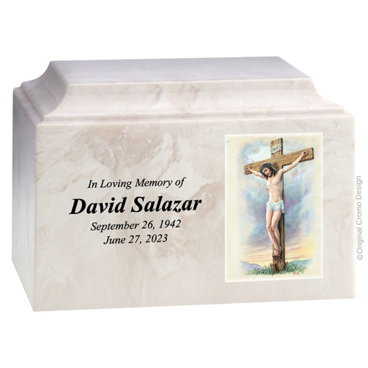 Catholic cremation urn with Crucifixion  Wood finish by Cromo NB