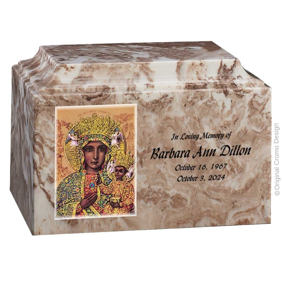 Catholic cremation urn with Our Lady of Czetechowa  Wood finish by Cromo NB