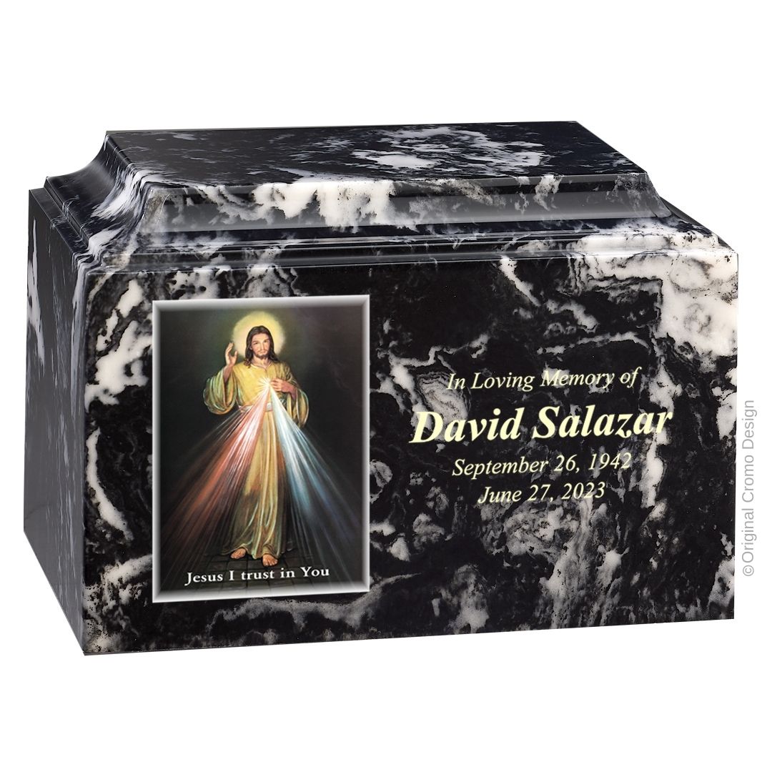 Catholic cremation urn with Divine Mercy English  Wood finish by Cromo NB
