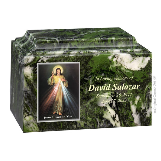 Catholic cremation urn with Divine Mercy English  Wood finish by Cromo NB