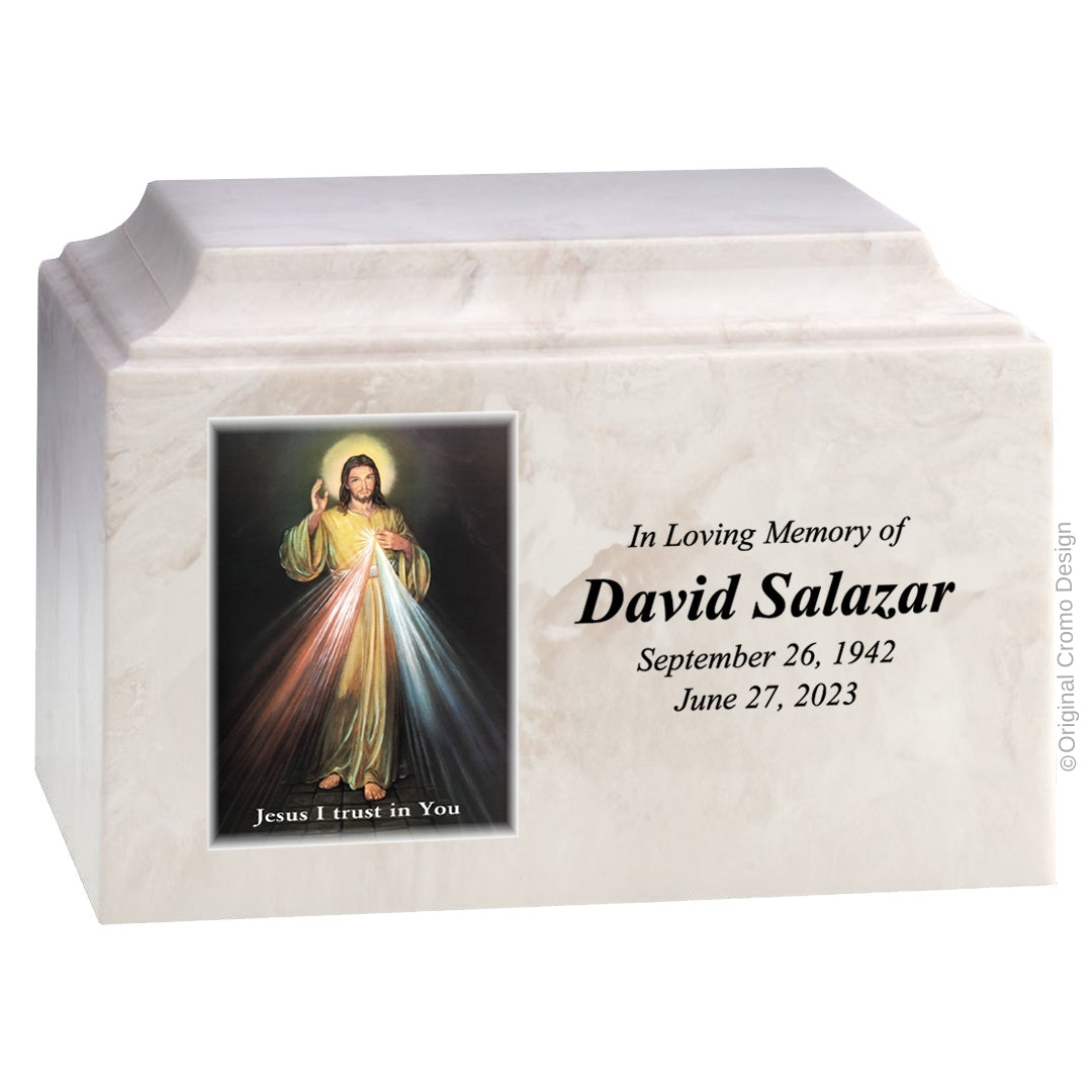 Catholic cremation urn with Divine Mercy English  Wood finish by Cromo NB