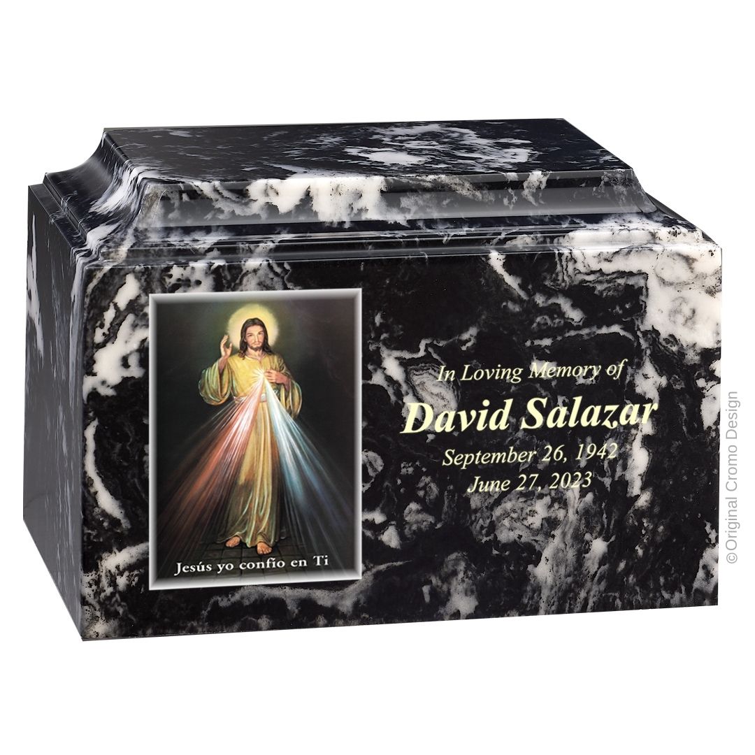 Catholic cremation urn with Divine Mercy Spanish  Wood finish by Cromo NB