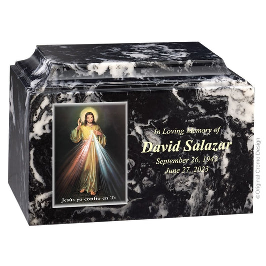 Catholic cremation urn with Divine Mercy Spanish  Wood finish by Cromo NB