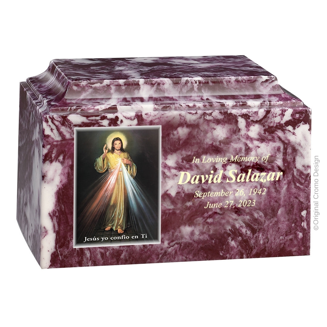 Catholic cremation urn with Divine Mercy Spanish  Wood finish by Cromo NB