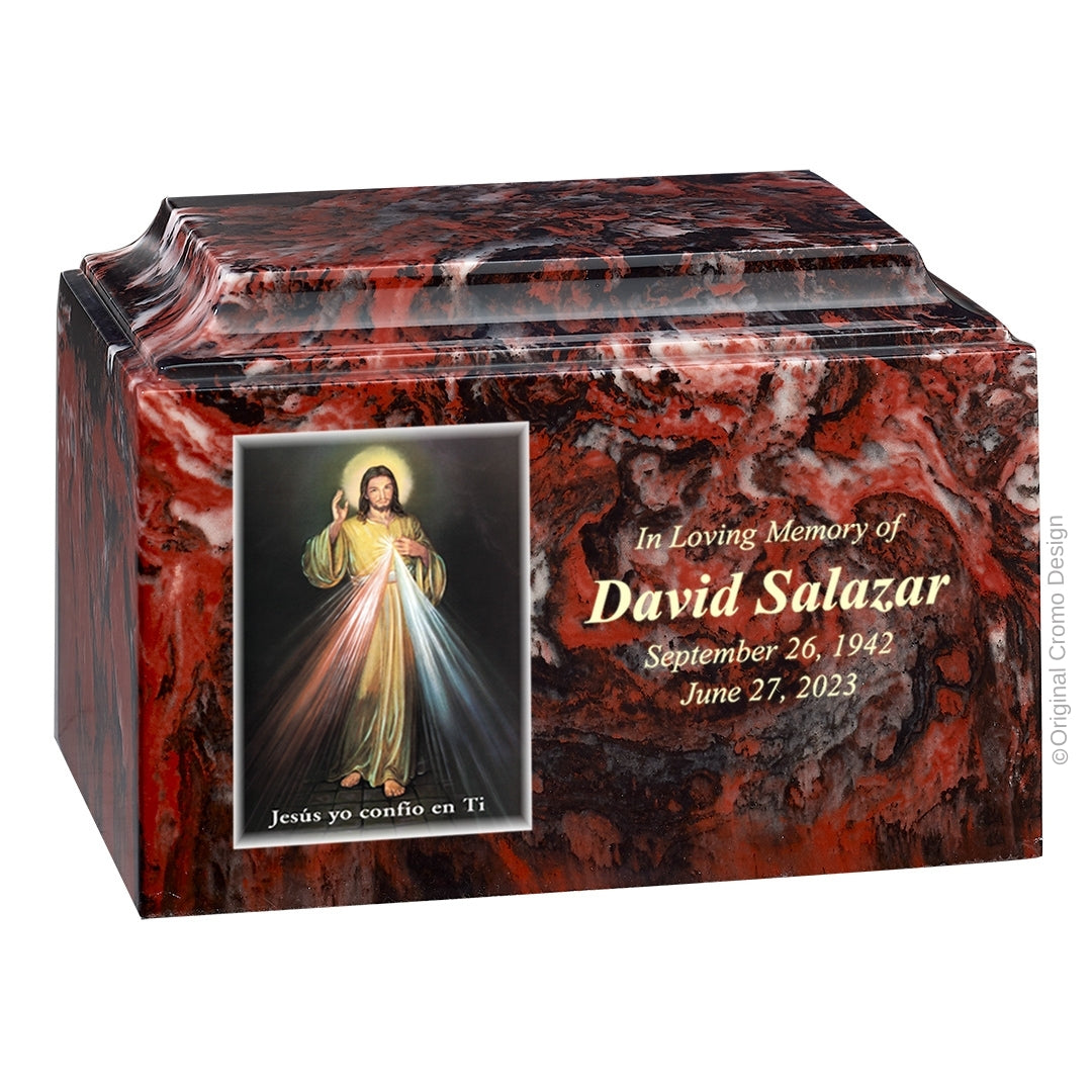 Catholic cremation urn with Divine Mercy Spanish  Wood finish by Cromo NB