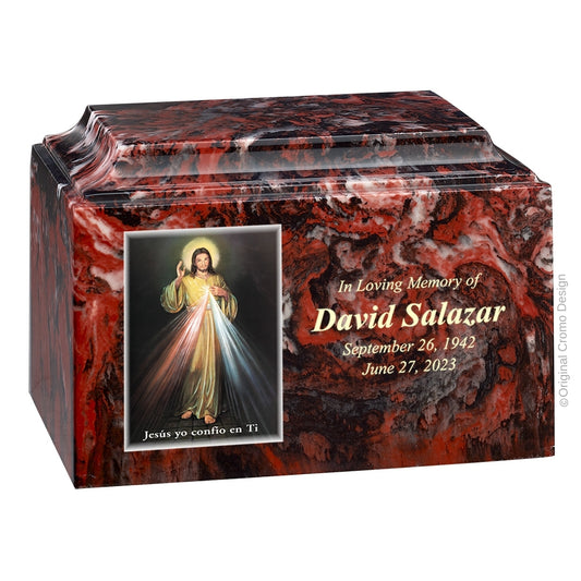 Catholic cremation urn with Divine Mercy Spanish  Wood finish by Cromo NB