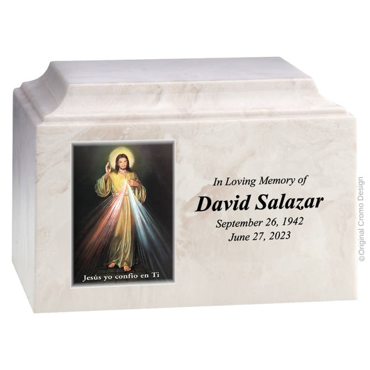 Catholic cremation urn with Divine Mercy Spanish  Wood finish by Cromo NB