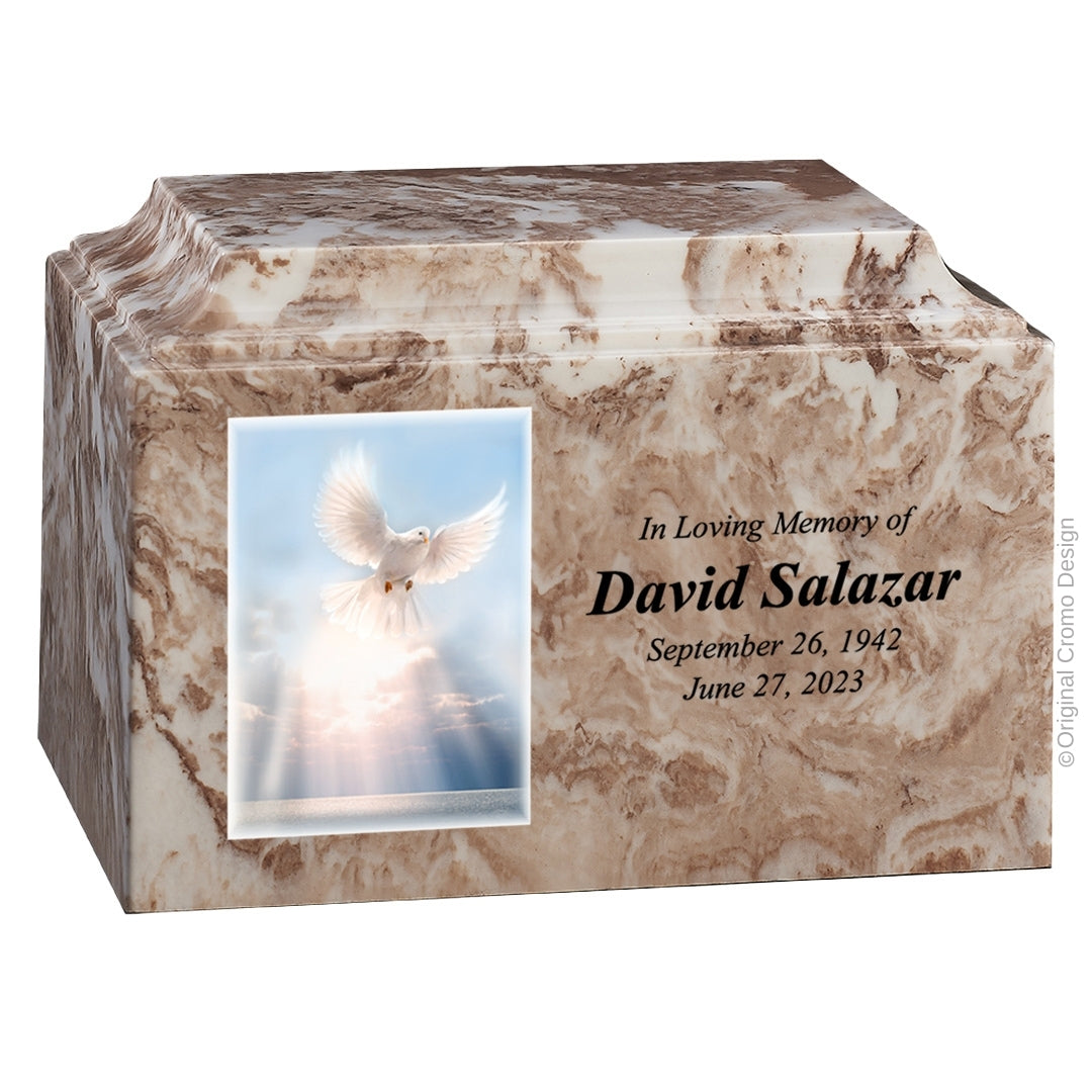 Catholic cremation urn with White Dove  Wood finish by Cromo NB