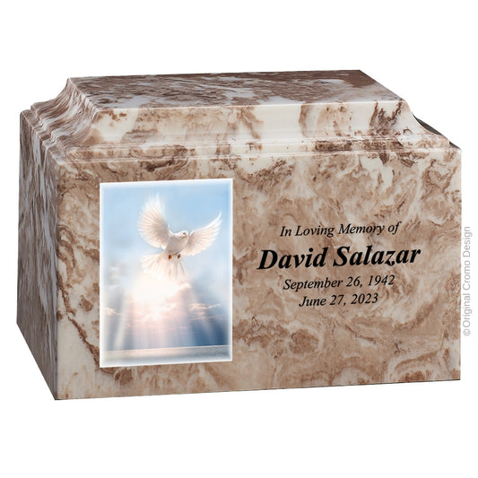 Catholic cremation urn with White Dove  Wood finish by Cromo NB
