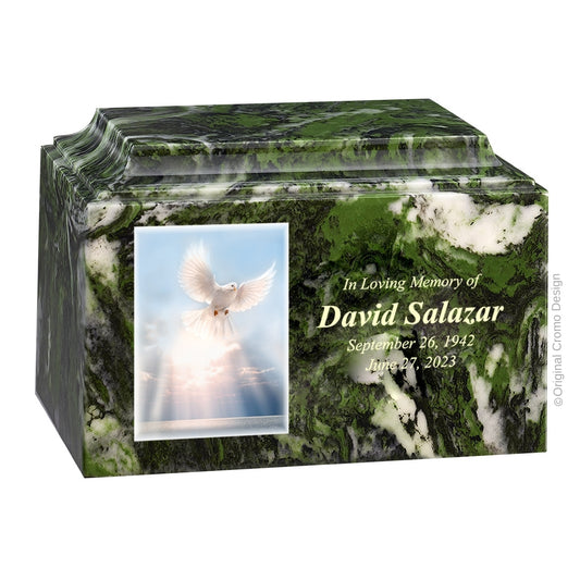 Catholic cremation urn with White Dove  Wood finish by Cromo NB