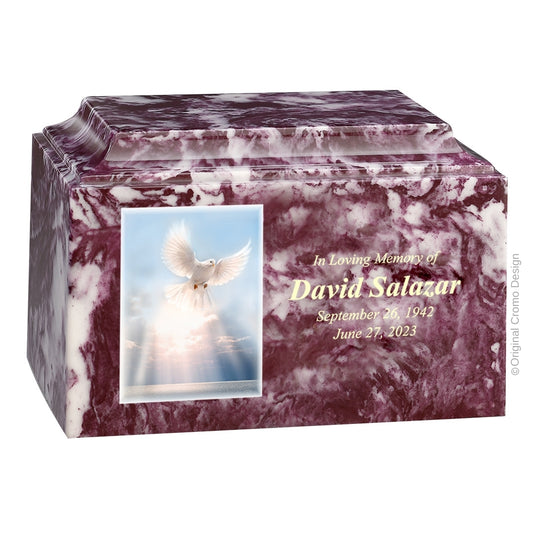 Catholic cremation urn with White Dove  Wood finish by Cromo NB