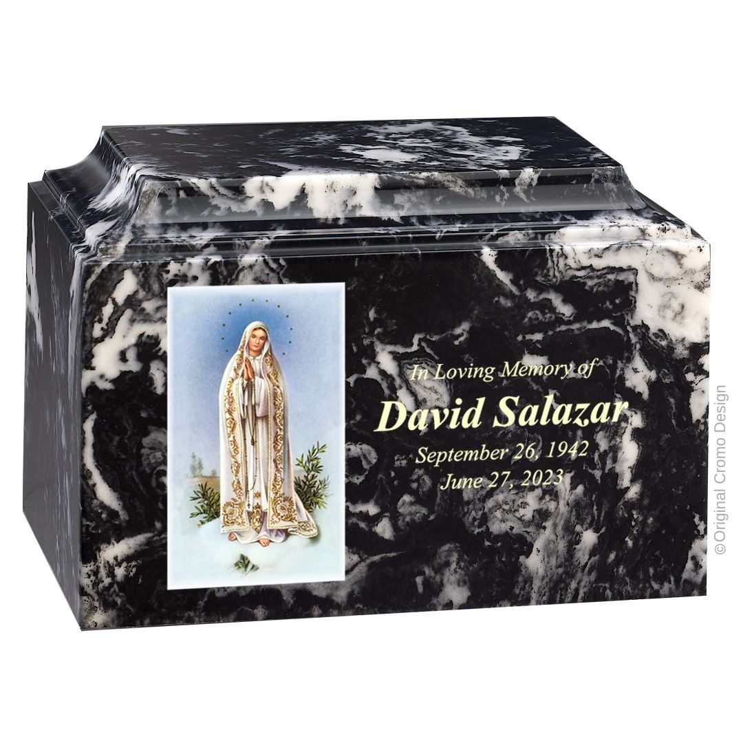 Catholic cremation urn with Our Lady of Fatima  Wood finish by Cromo NB