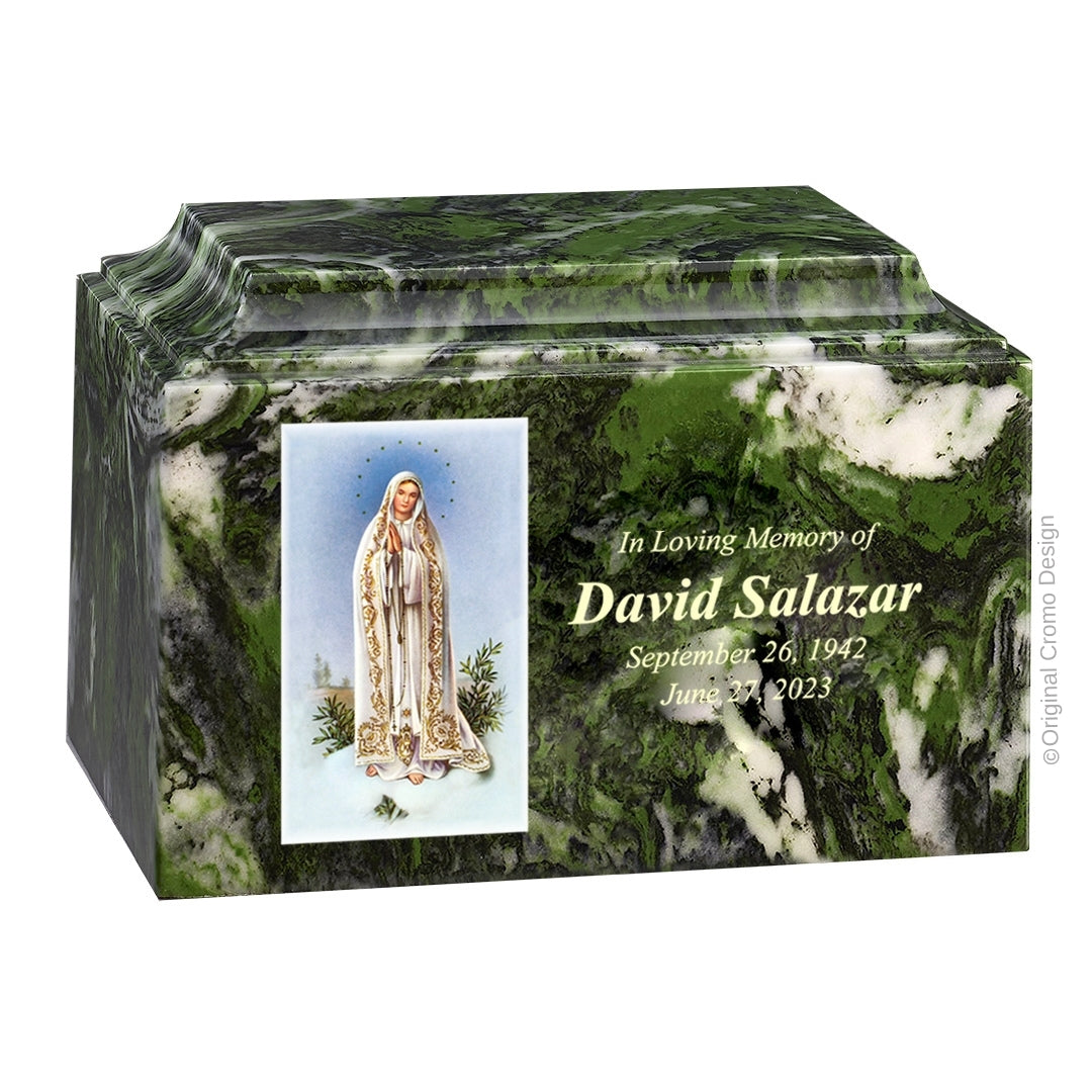 Catholic cremation urn with Our Lady of Fatima  Wood finish by Cromo NB