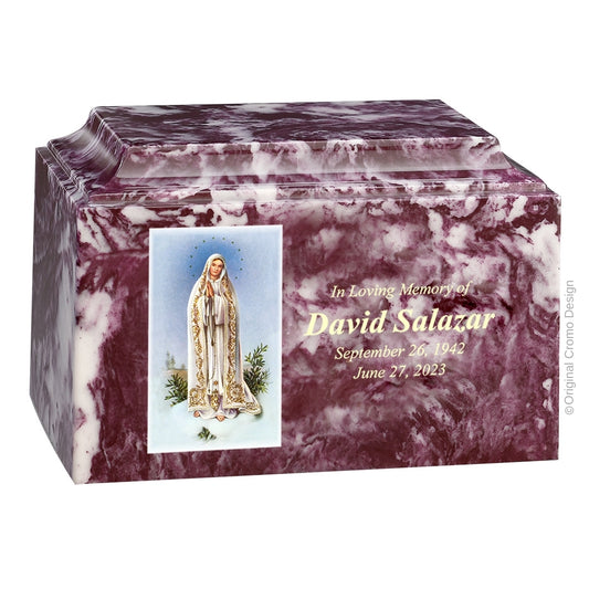 Catholic cremation urn with Our Lady of Fatima  Wood finish by Cromo NB