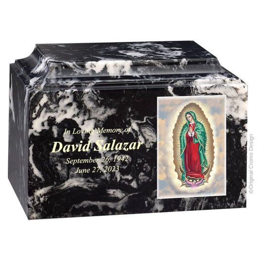 Catholic cremation urn with Our Lady of Guadalupe English  Wood finish by Cromo NB