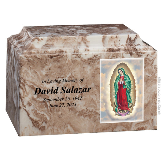 Catholic cremation urn with Our Lady of Guadalupe English  Wood finish by Cromo NB