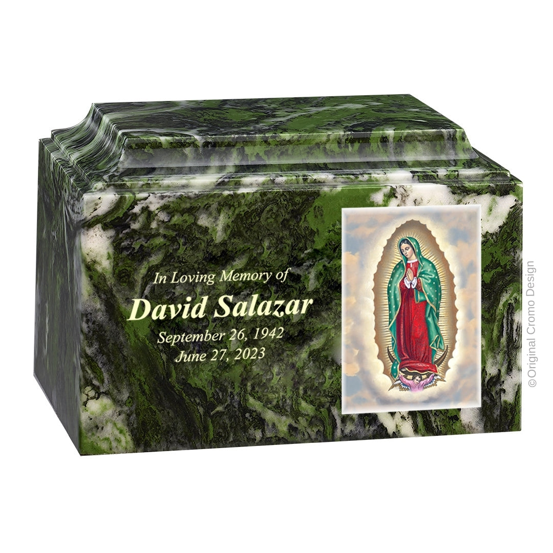 Catholic cremation urn with Our Lady of Guadalupe English  Wood finish by Cromo NB