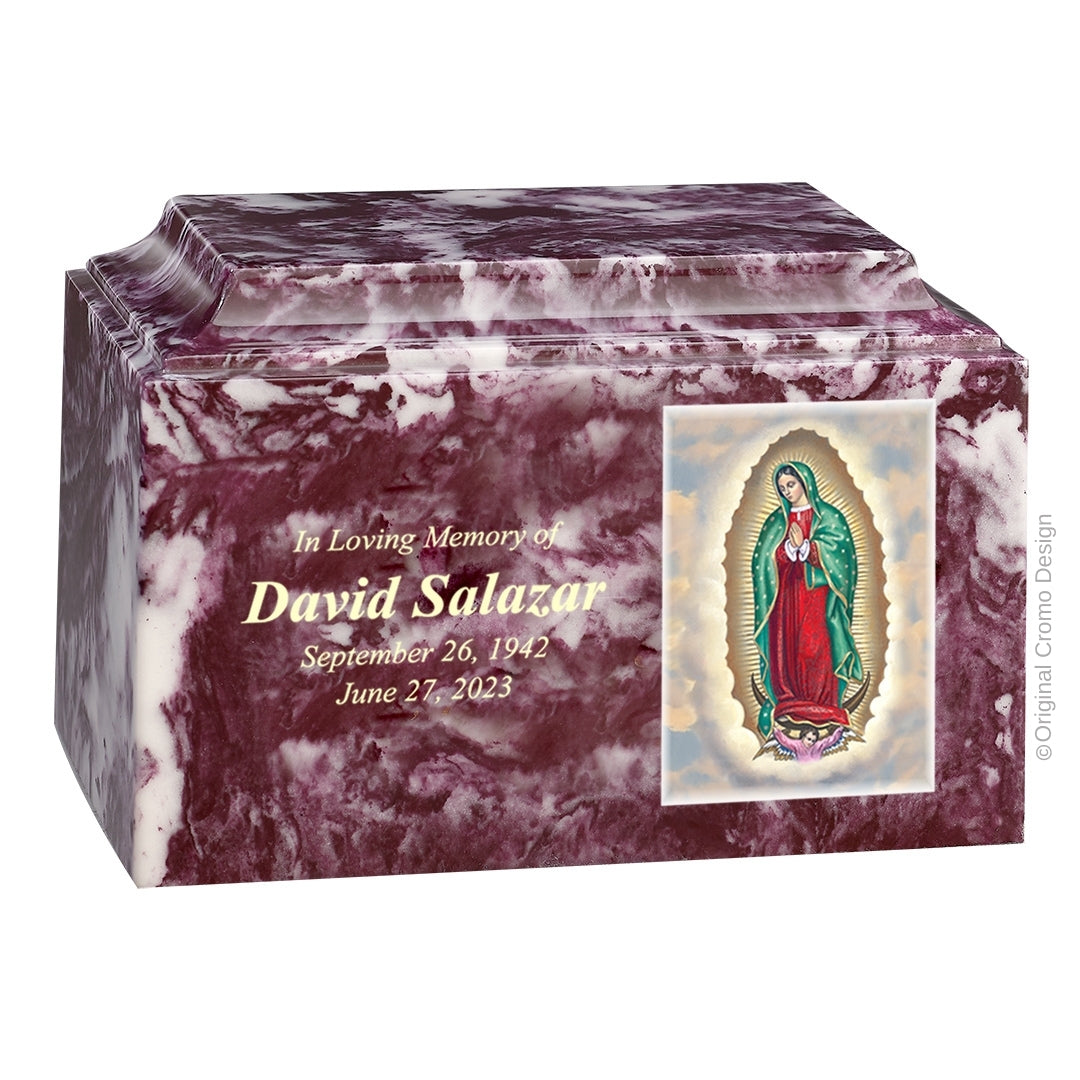 Catholic cremation urn with Our Lady of Guadalupe English  Wood finish by Cromo NB