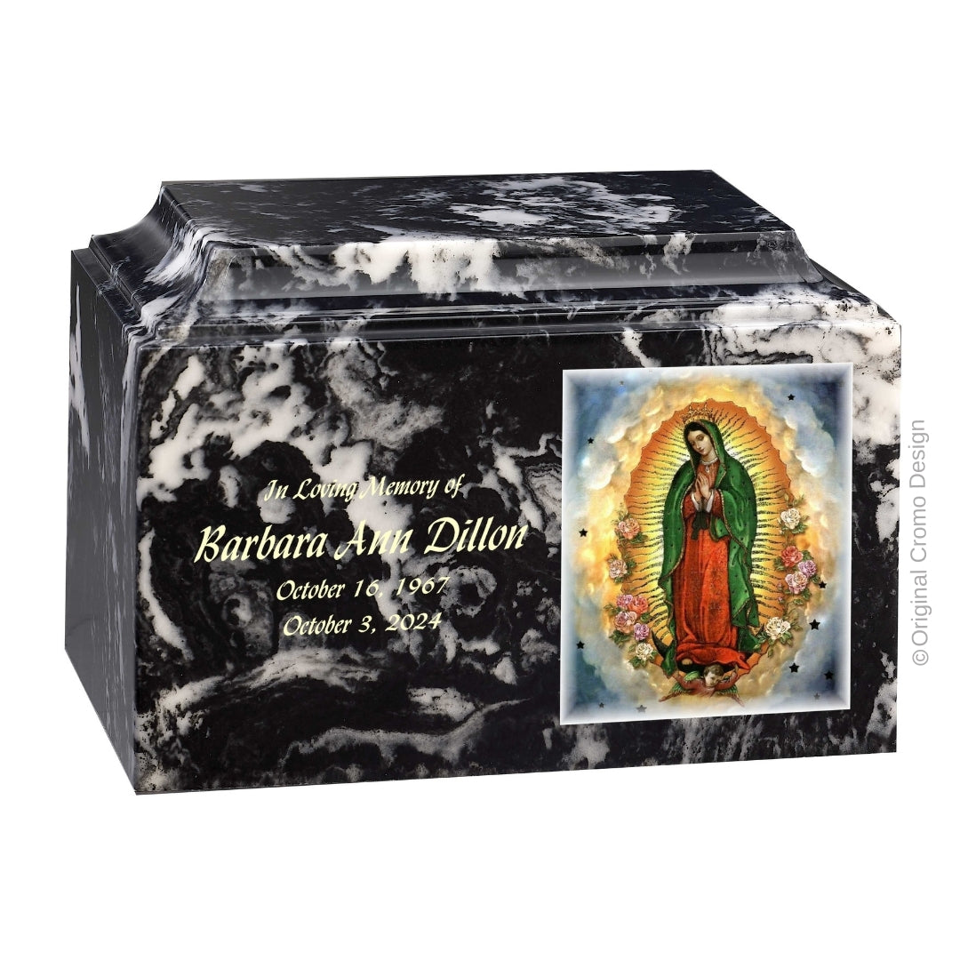 Catholic cremation urn with Our Lady of Guadalupe Spanish  Wood finish by Cromo NB