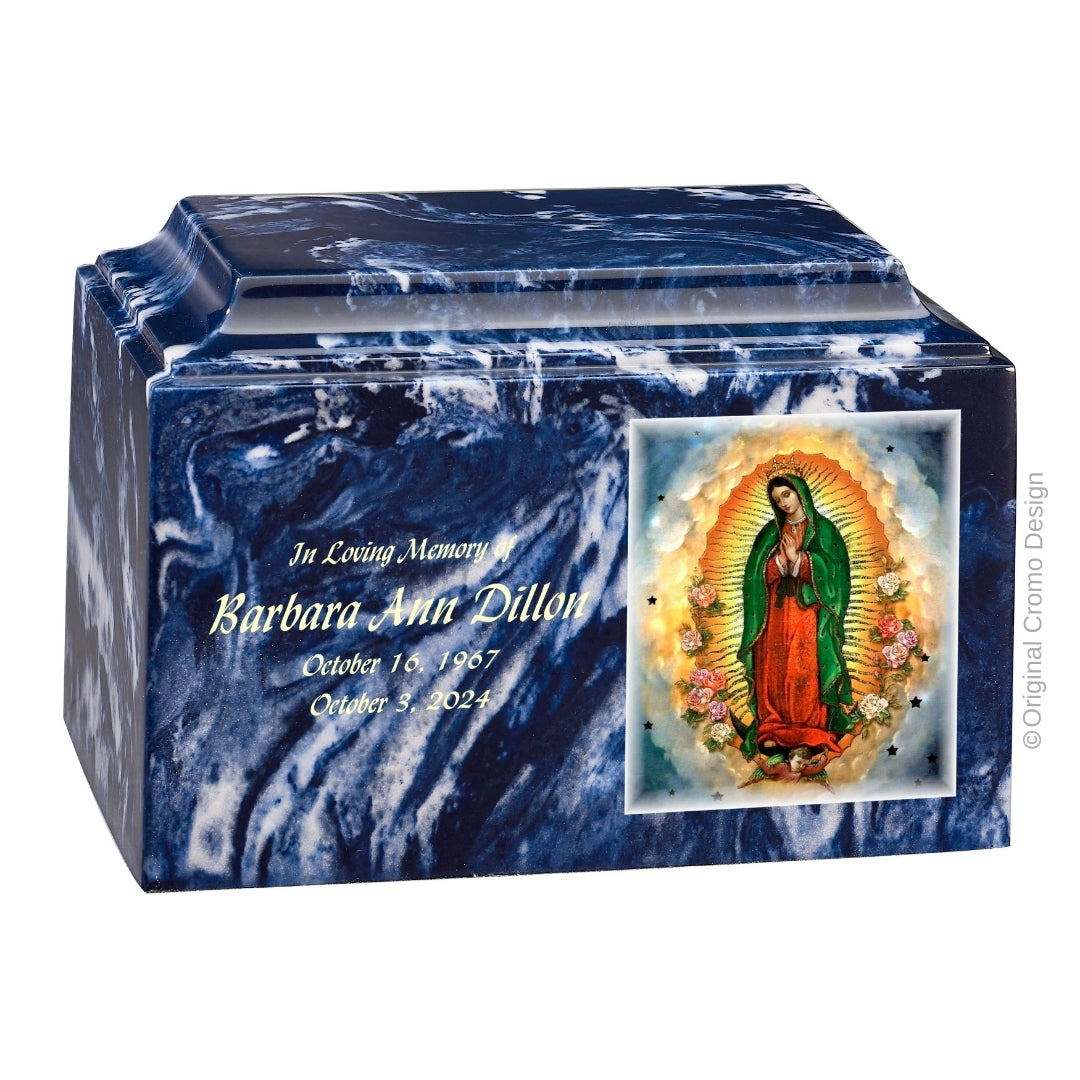 Catholic cremation urn with Our Lady of Guadalupe English  Wood finish by Cromo NB