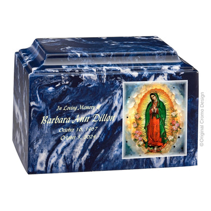 Catholic cremation urn with Our Lady of Guadalupe English  Wood finish by Cromo NB