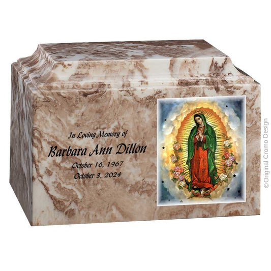 Catholic cremation urn with Our Lady of Guadalupe Spanish  Wood finish by Cromo NB