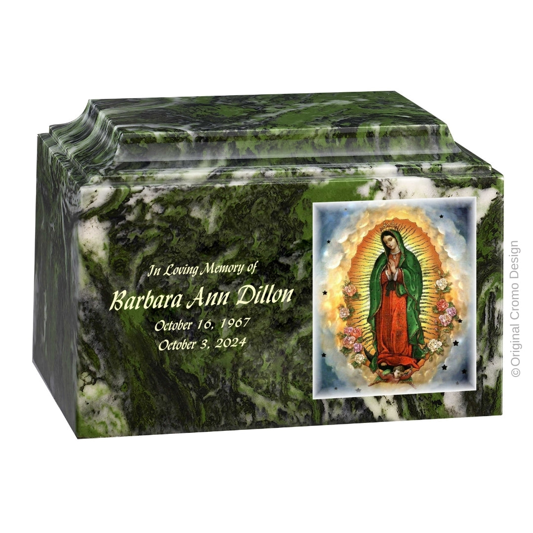 Catholic cremation urn with Our Lady of Guadalupe Spanish  Wood finish by Cromo NB