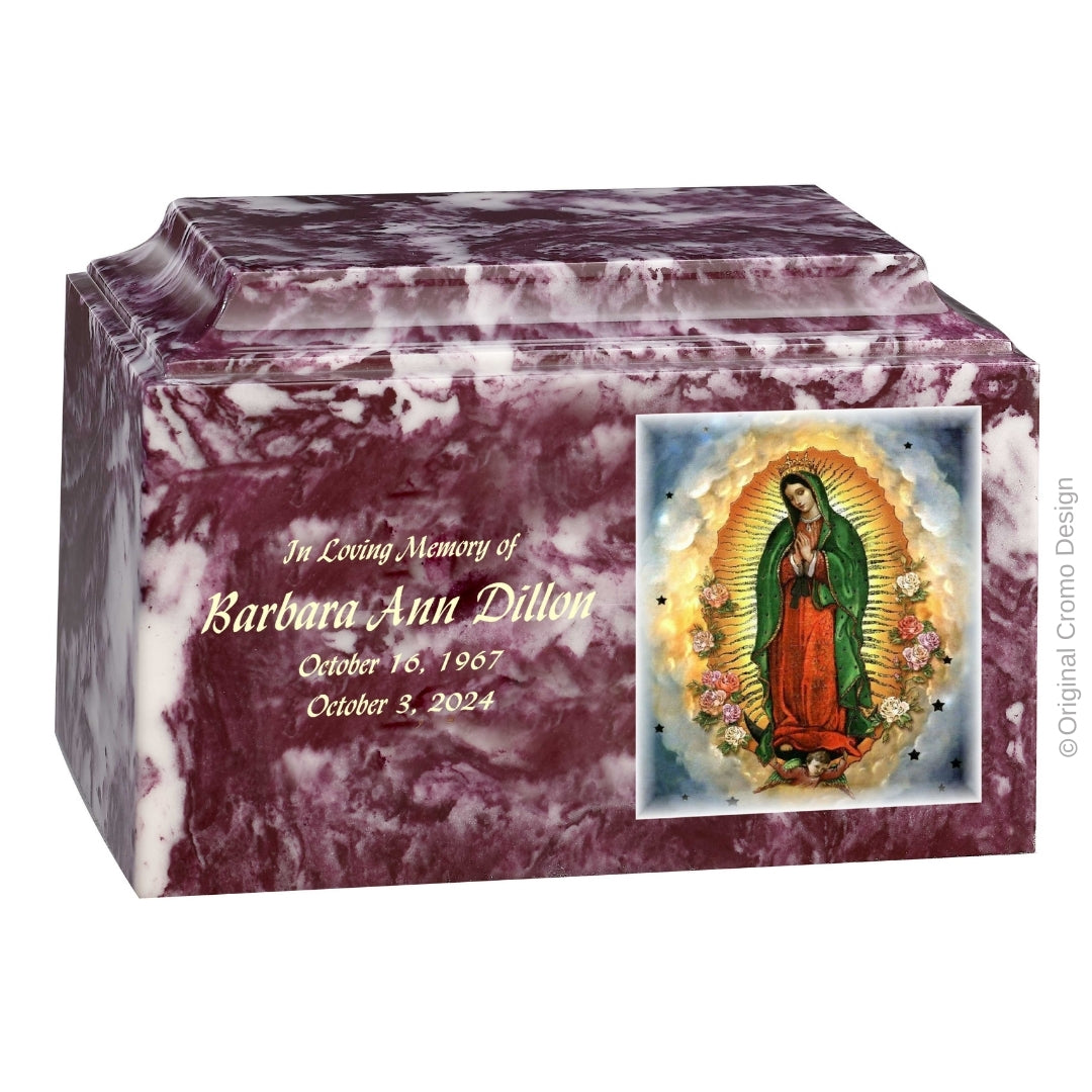 Catholic cremation urn with Our Lady of Guadalupe Spanish  Wood finish by Cromo NB