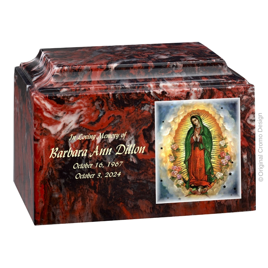 Catholic cremation urn with Our Lady of Guadalupe Spanish  Wood finish by Cromo NB