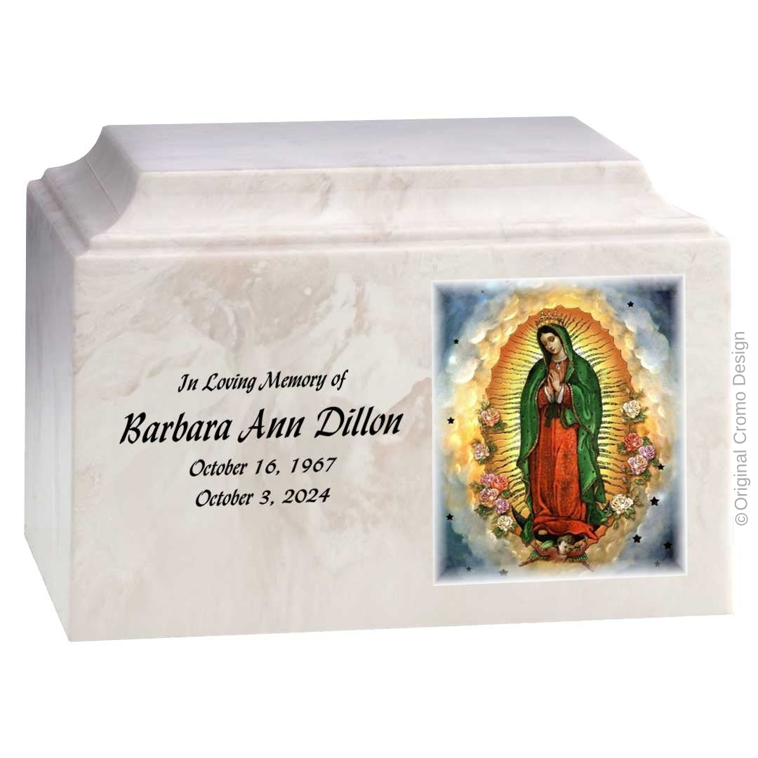 Catholic cremation urn with Our Lady of Guadalupe Spanish  Wood finish by Cromo NB