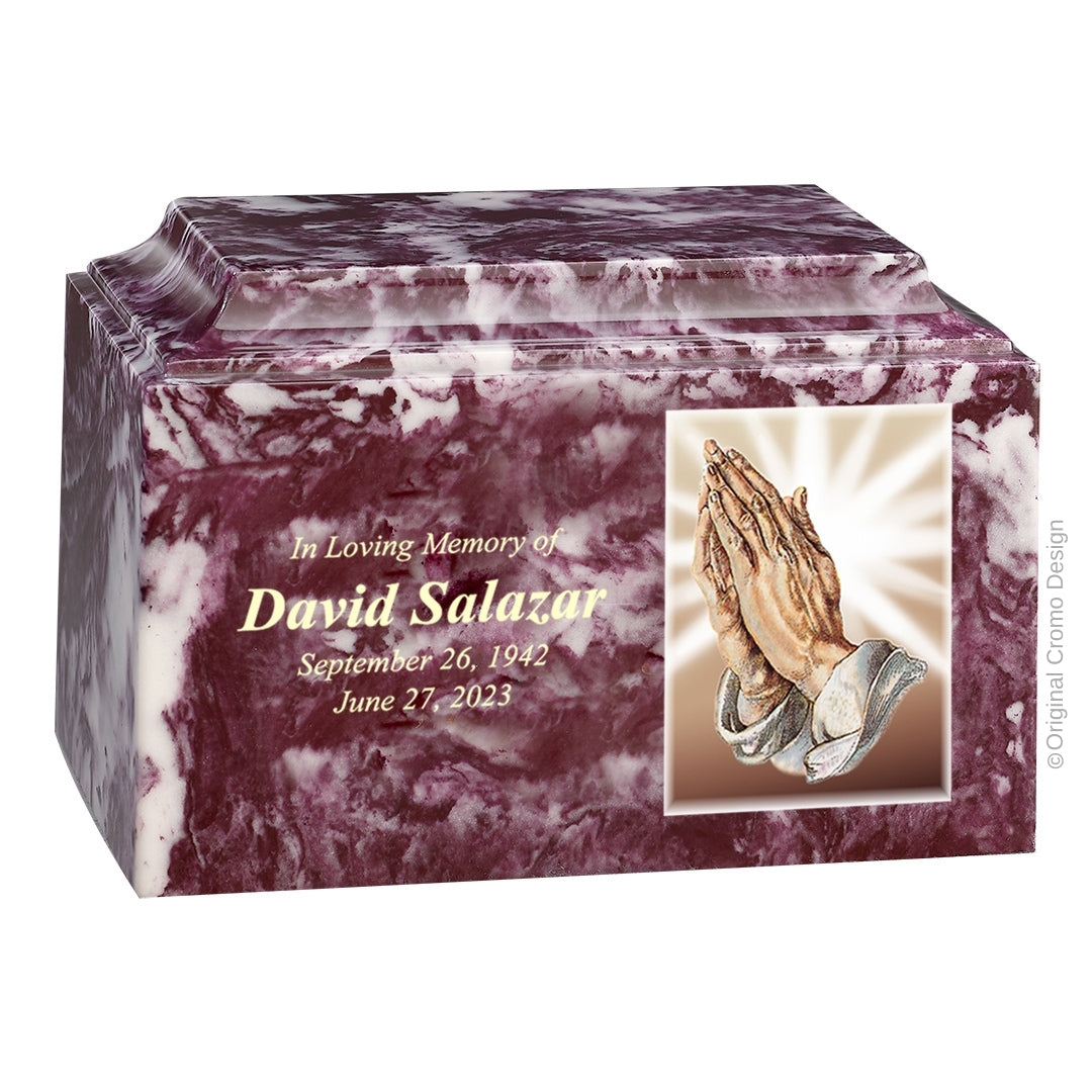 Catholic cremation urn with Praying Hands  Wood finish by Cromo NB