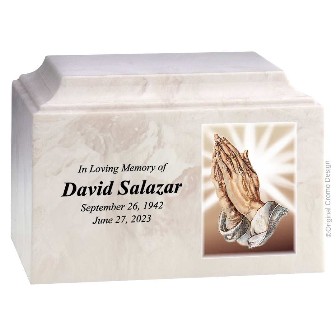 Catholic cremation urn with Twin Hearts  Wood finish by Cromo NB