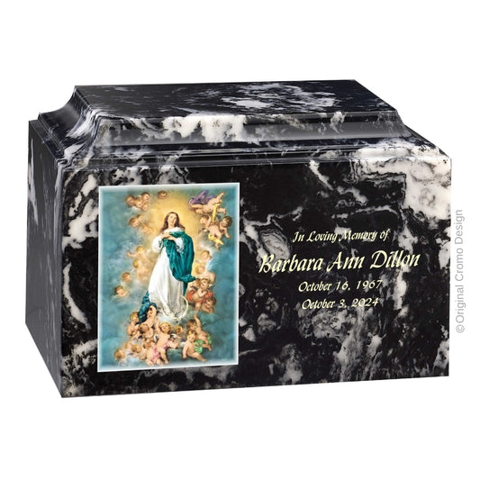 Catholic cremation urn with Immaculate Conception  Wood finish by Cromo NB