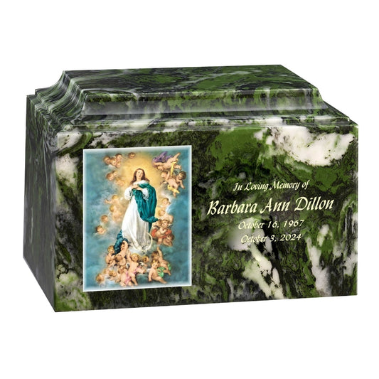 Catholic cremation urn with Immaculate Conception  Wood finish by Cromo NB