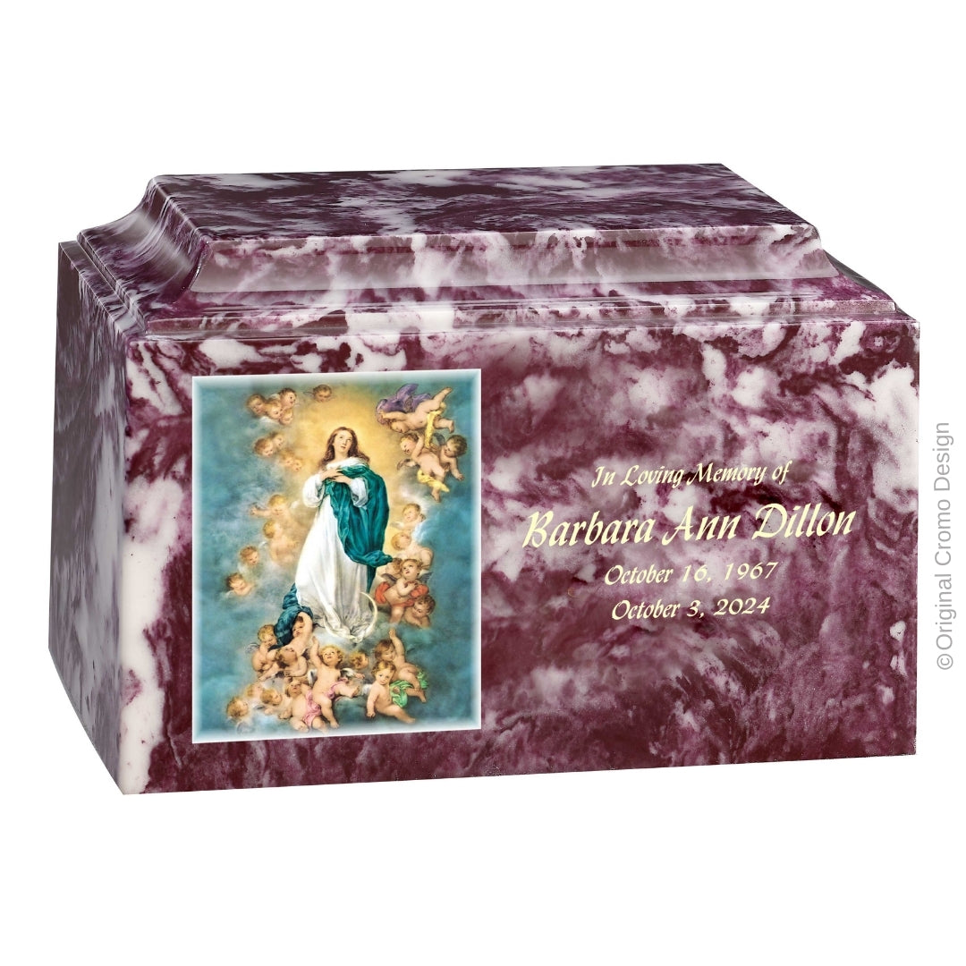 Catholic cremation urn with Immaculate Conception  Wood finish by Cromo NB