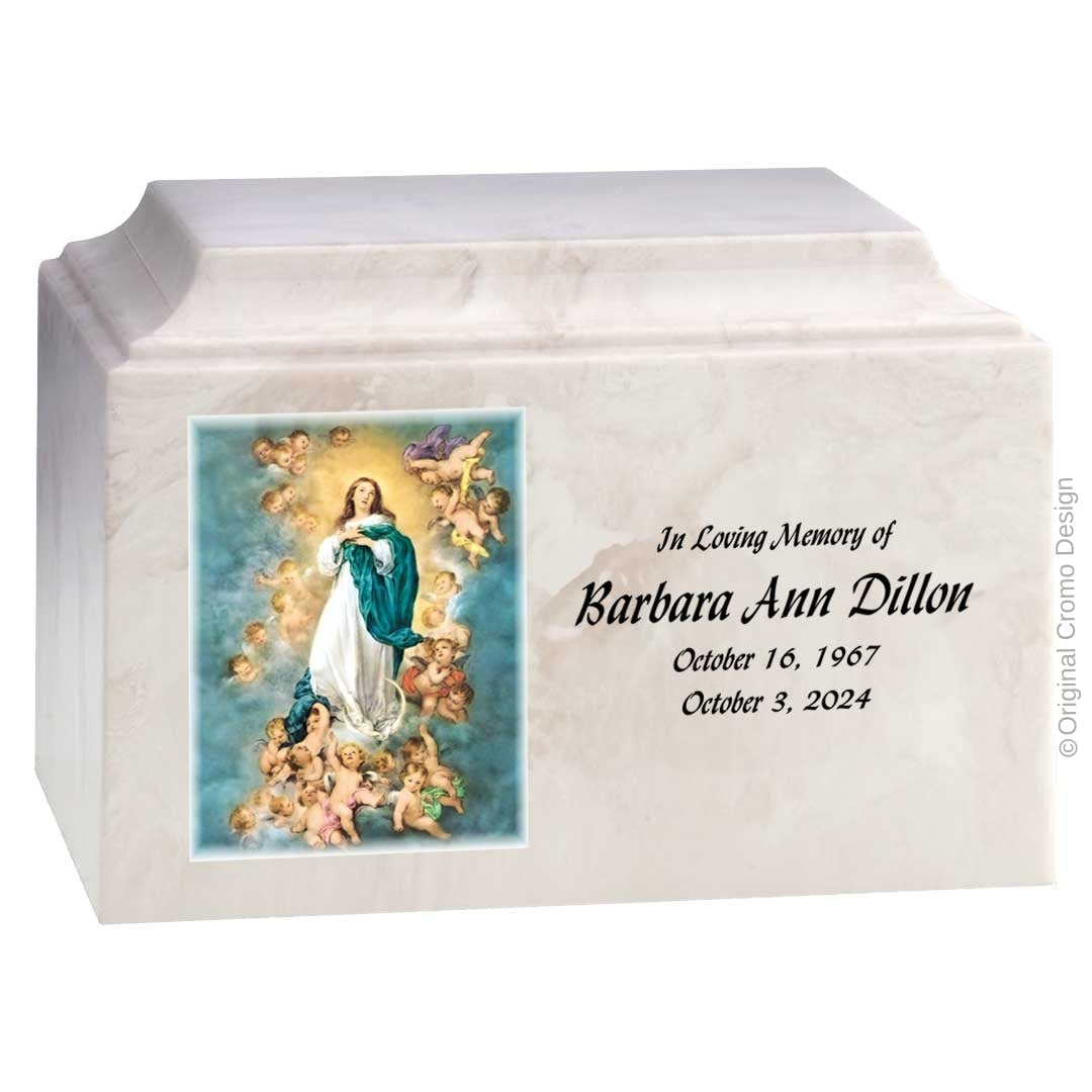 Catholic cremation urn with Immaculate Conception  Wood finish by Cromo NB