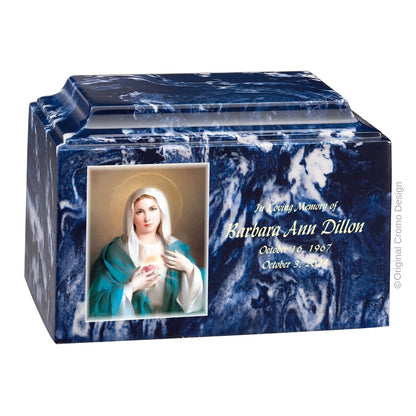 Catholic cremation urn with Immaculate Conception  Wood finish by Cromo NB