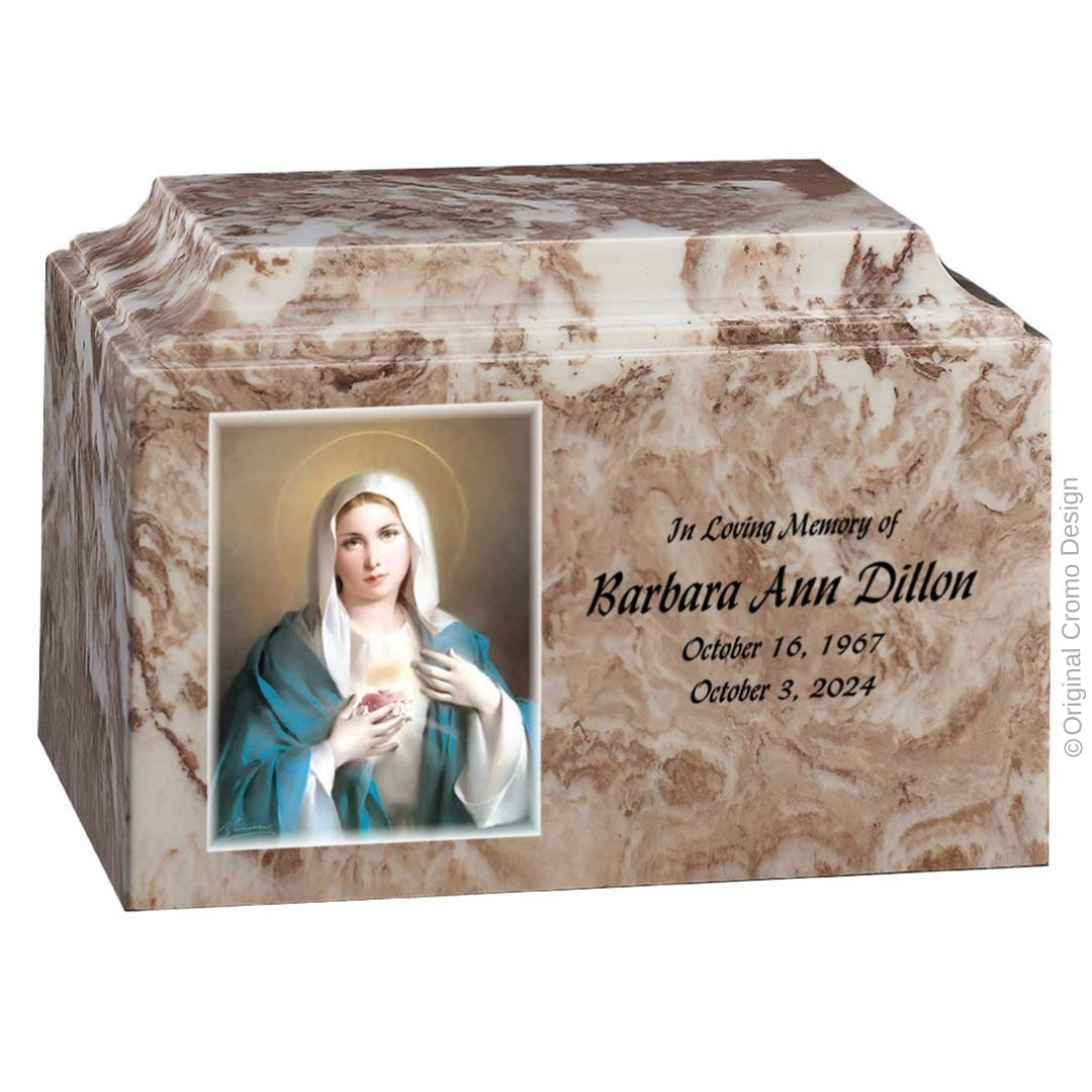 Catholic cremation urn with Immaculate Heart of Mary  Wood finish by Cromo NB